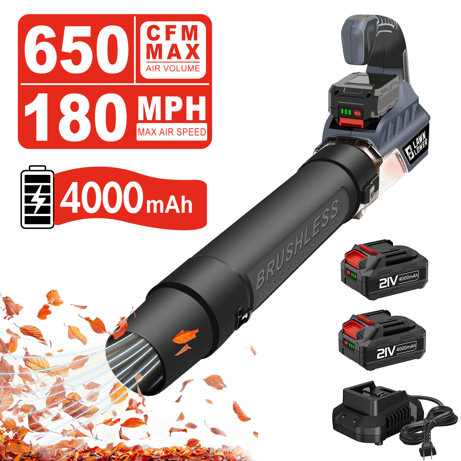 Leaf Blower Cordless - 21Vブラシレスコードレスリーフブロワー、電動ハンドヘルド、2x4.0Ahバッテリー、急速充電器、2段階速度調整、庭、パティオ、歩道用