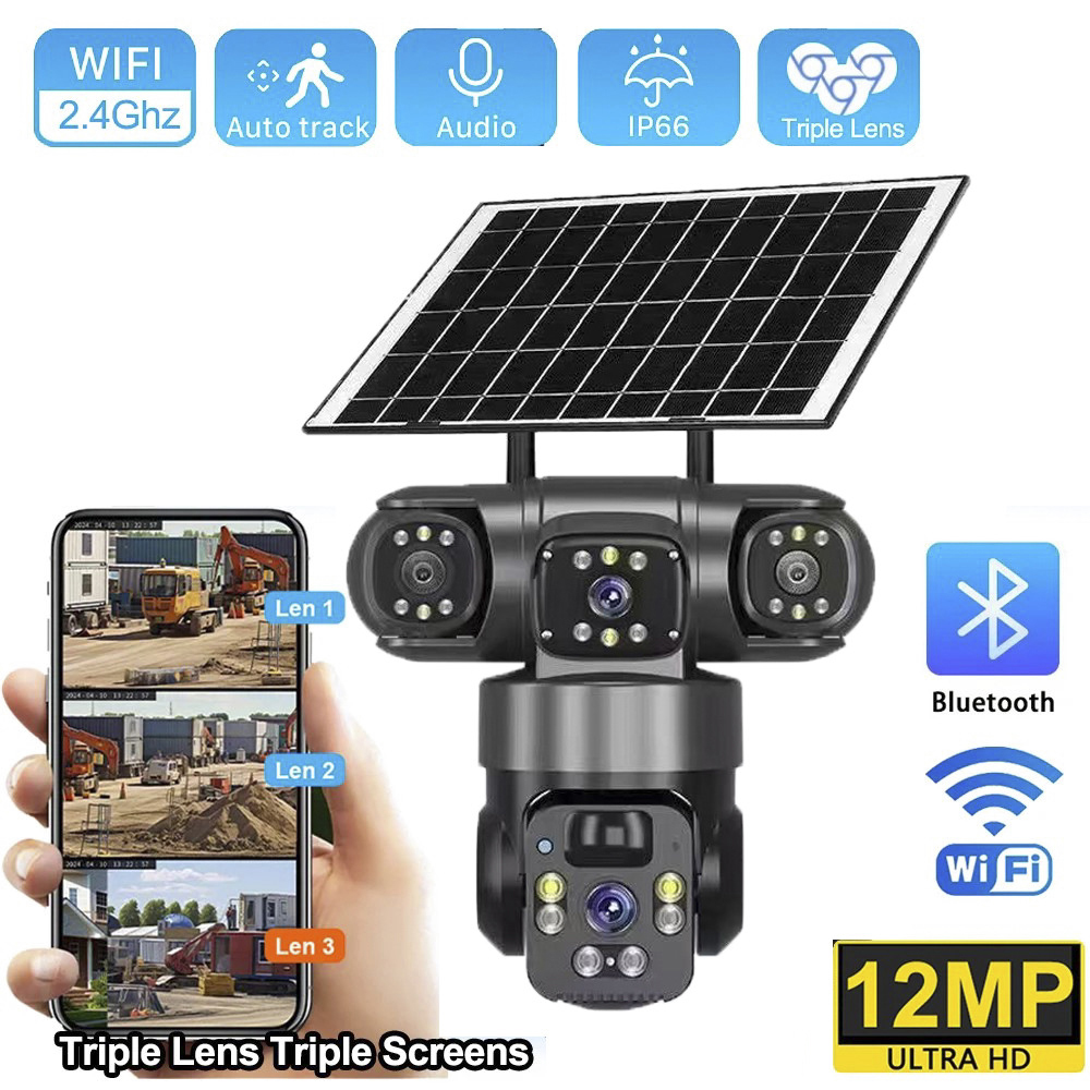 Outdoor Power Monitor - 4Gソーラーカメラ 3レンズ 3画面 360度パノラマ監視 HDナイトビジョン ワイヤレスWiFi屋外セキュリティカメラ